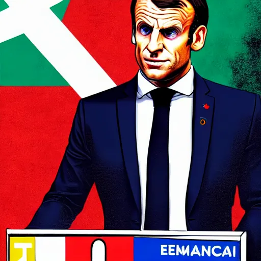 Image similar to emmanuel macron in a gta v cover art by stephen bliss