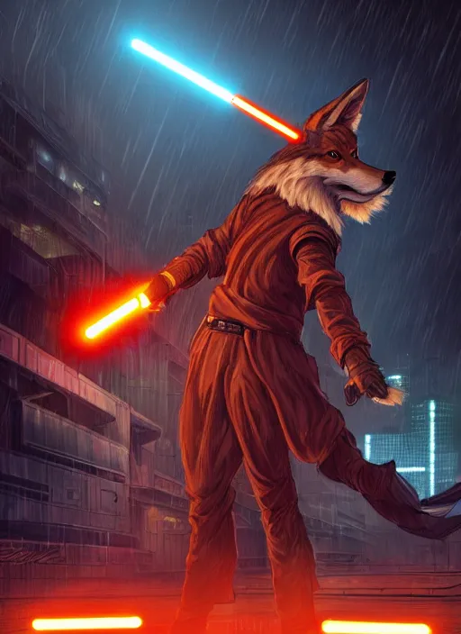 Image similar to character portrait of a anthro coyote fursona wearing jedi robes wielding an orange lightsaber in a cyberpunk city at night while it rains. hidari, color page, tankoban, 4K, tone mapping, Akihiko Yoshida.