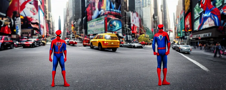 Prompt: spider - man and superman meet in new york city street, high res, shallow depth of field, realistic image