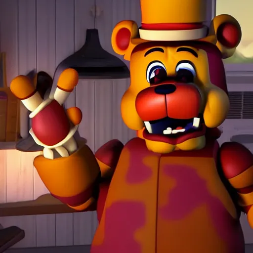 Prompt: Freddy Fazbear from FNAF in a Disney Pixar animated movie, Dreamworks, backlit rim light, fill light, stylized, Freddy Fazbear's pizzeria