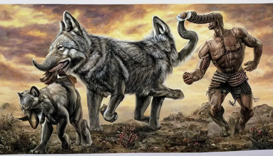 Image similar to beautiful lifelike painting of wolf from gladiator giving carla the elephant wolf power, hyperreal detailed facial features and uv lighting, art by ed roth and basil wolverton