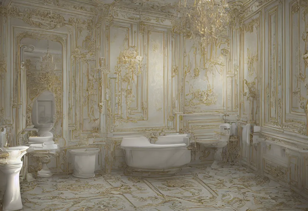 Image similar to kodak portra 4 0 0 photographic and realistic, interior of a bathroom in style of royal palace, detailed, octane render, unreal engine, 4 k, artstation, hyper realistic, wide angle, floor flooded, how a river, objects that float, 3 5 mm, sharp focus, soft light, volumetric light, in the style of gregory crewdson