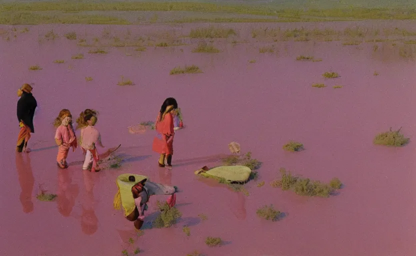 Prompt: kids wearing a codex seraphinianus costume in a pink lake h 1 2 0 0