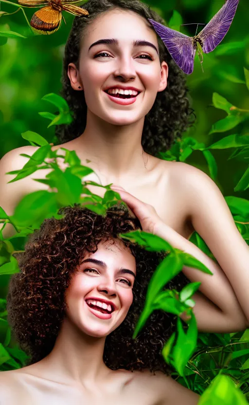 Image similar to 8 k uhd poser render of the face of a young woman with marble complexion, angelic features, her face framed with curls, her head raised in rapture, laughing, portrait photography, symmetrical eyes, by andrew gonzalez, background lush vegetation, insects and birds, dof narrow, 1 0 5 mm lens