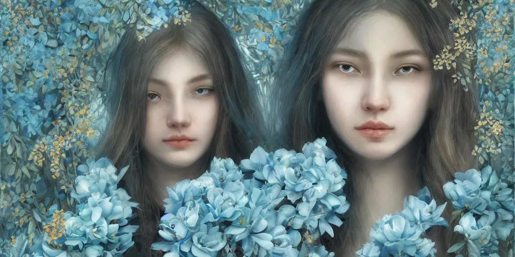 Image similar to breathtaking detailed concept art painting portrait of two hugs goddess of light blue flowers, carroty hair, orthodox saint, with anxious piercing eyes, ornate background, amalgamation of leaves and flowers, by hsiao - ron cheng, extremely moody lighting, 8 k