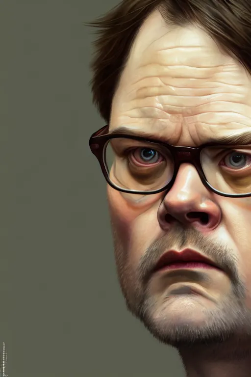 Image similar to ultra detailed close up face portrait of dwight schrute from the office, extremely detailed digital painting, in the style of fenghua zhong and ruan jia and jeremy lipking and peter mohrbacher, mystical colors, rim light, beautiful lighting, 8 k, stunning scene, raytracing, octane, trending on artstation