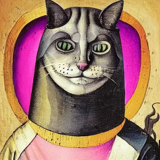 Prompt: portrait of the cat of cheshire bosch with pink and purple stripes and a huge malicious smile by hieronymus bosch. oil on wood