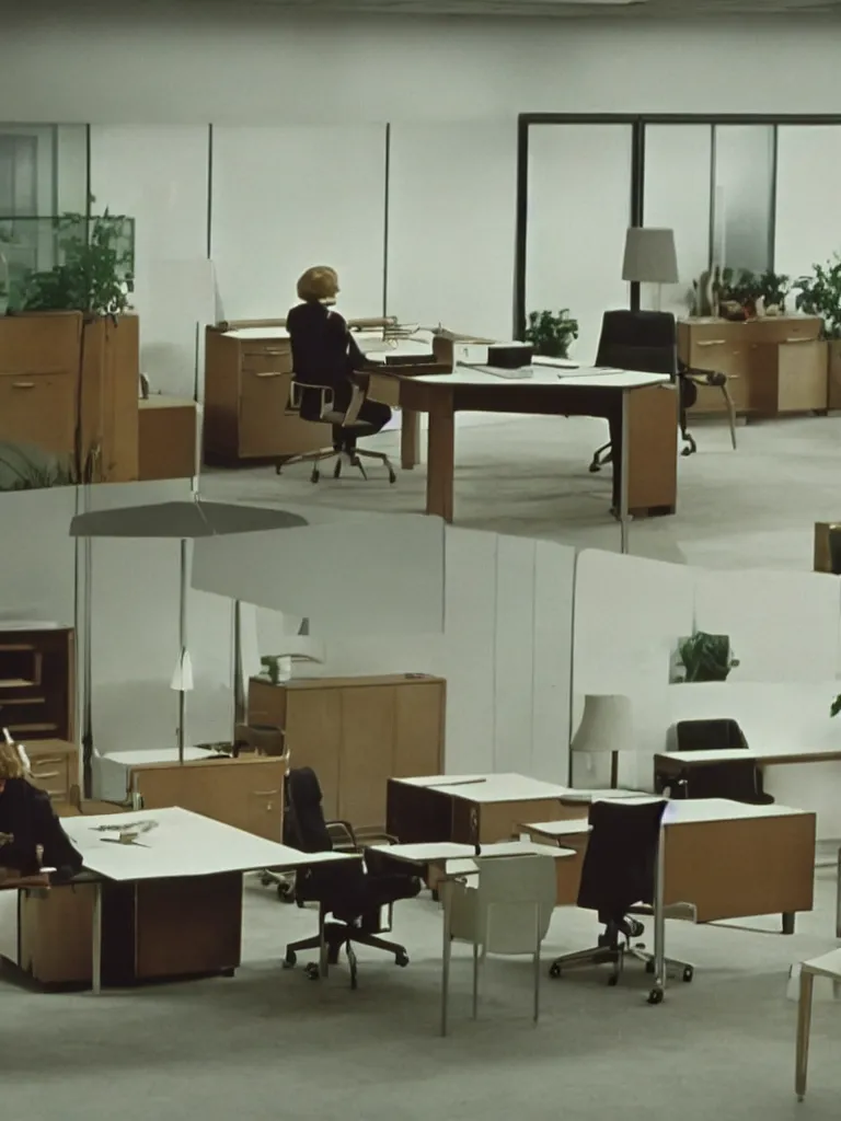 Image similar to a still of severance series indoor 7 0 s furniture office scenario appearing in a film of jacques tati