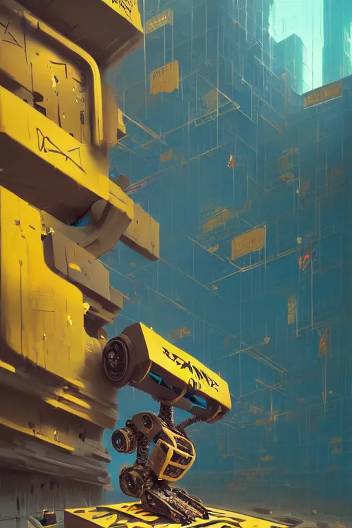 Image similar to matte painting of warped extreme 3 d calligraphy robot graffiti tag mural maximalism by atey ghailan, by greg rutkowski, by greg tocchini, by james gilliard, by joe fenton, yellow, brown, black and cyan color scheme, octane render