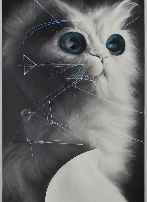 Image similar to futuristic fine lasers tracing, fluffy selkirk rex longhair cat, by steven meisel, kaws, rolf armstrong, mondrian, kandinsky, perfect geometry abstract acrylic, octane hyperrealism photorealistic airbrush collage painting, dark monochrome, fluorescent colors, minimalist rule of thirds, eighties eros