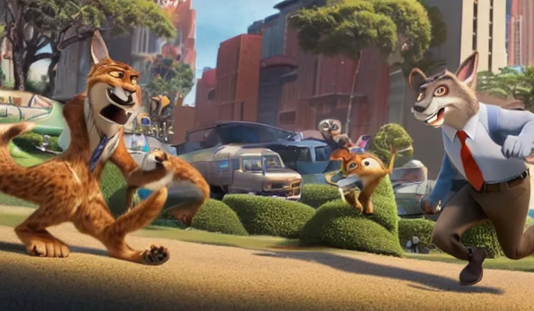 Prompt: The chase scene in Zootopia. Pixar Digital Movies