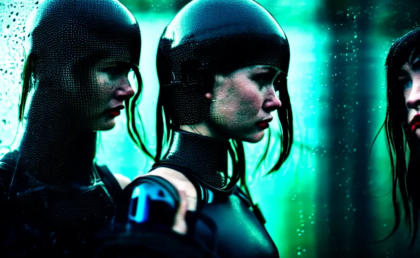 Image similar to cinestill 5 0 d candid action photographic portrait by quentin tarantino of two loving female androids wearing rugged black mesh techwear in treacherous waters, extreme closeup, modern cyberpunk retrofuturism moody emotional cinematic, pouring iridescent rain, 8 k, hd, high resolution, 3 5 mm, f / 3 2, motion blur, ultra realistic faces, ex machina