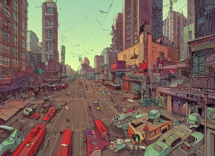 Image similar to a view of a city at street level, no cars. sharp focus, cinematic pose, cinematic lighting, unreal engine render. art by josan gonzales and moebius and deathburger.