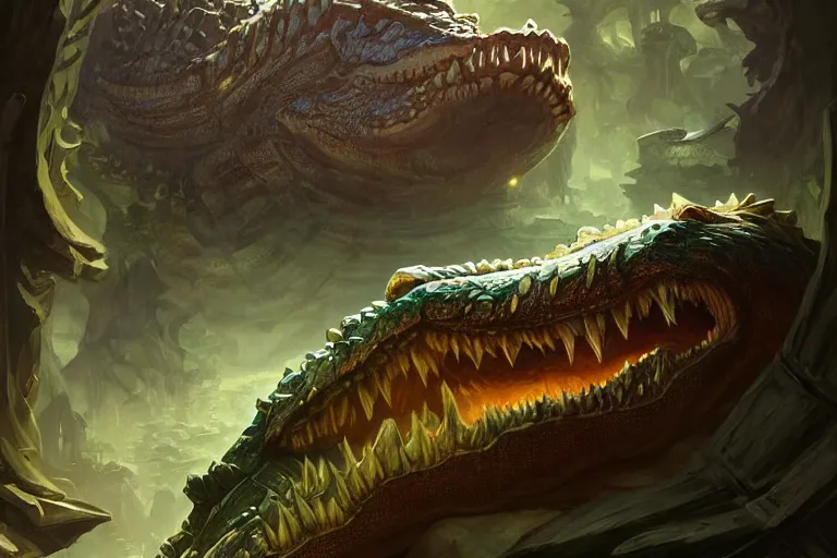 Prompt: colossal crocodile in his lair everything looks small because of his size, deep focus, d & d, fantasy, intricate, elegant, highly detailed, digital painting, artstation, concept art, matte, sharp focus, illustration, hearthstone, art by artgerm and greg rutkowski and alphonse mucha