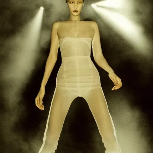 Image similar to bella hadid as maison margiela model. exposure. mysterious. tape photo. processing. lost photo. deep dream effect. award wining photography. foggy. perfect composition. photography masterpiece.