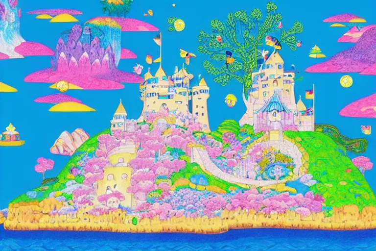 Image similar to an old castle on a seaside cliff by chiho aoshima and lisa frank and heremia ketner coloring book like art