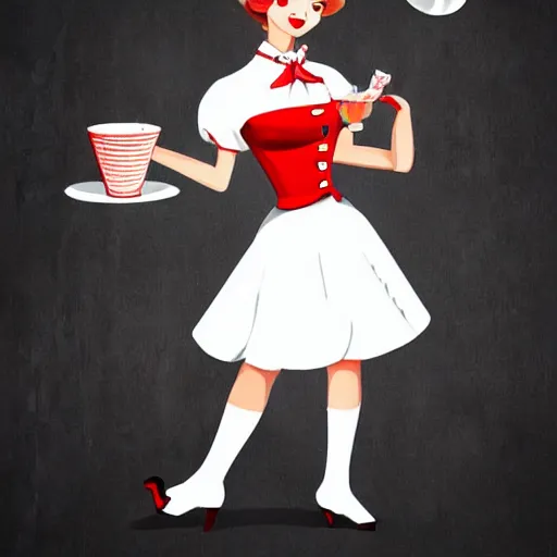 Image similar to beautiful anthropomorphic female sheep dressed in a 1 9 5 0 s waitress outfit, cartoon, digital art, full character, minimalist and abstract background, hyper details