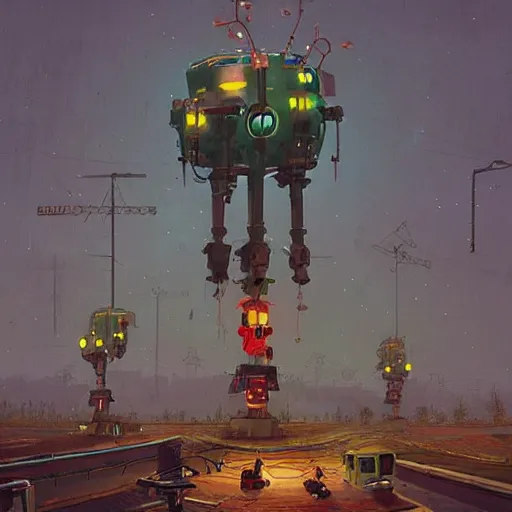 Image similar to the wretched mechanical giants who plague our kingdom, art by Simon Stalenhag