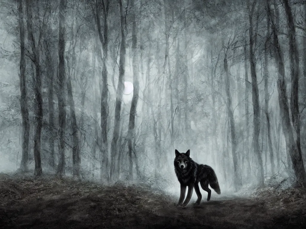 Image similar to portrait of a large wolf walking on a dark path through the forest at night under a full moon, 8 k, photorealistic, digital painting,