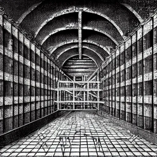 Prompt: piranesi prison interior in the style of escher