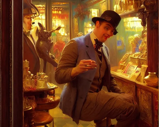 Image similar to attractive magician man, in magic shop. highly detailed painting by gaston bussiere, craig mullins, j. c. leyendecker 8 k