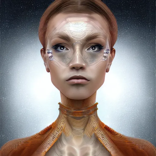 Image similar to Frontal portrait of a science fiction priestess. Detailed digital art.