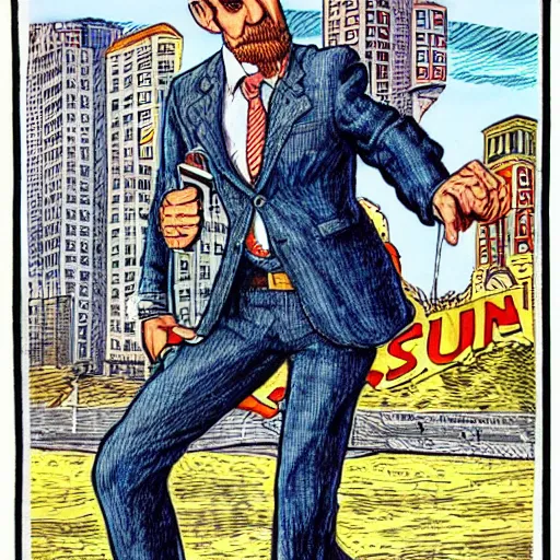 Image similar to The Artwork of R. Crumb and his Cheap Suit Jewish Superman, pencil and colored marker artwork, trailer-trash lifestyle