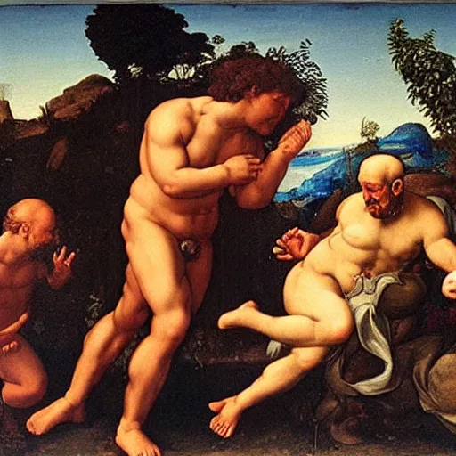 Prompt: Danny Devito as God creating man, Adam and Eve, Garden of Eden, renaissance religious art, Michael Angelo inspired