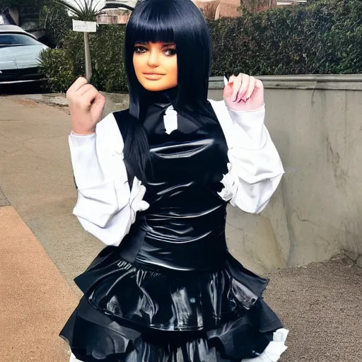 Prompt: kylie jenner in 2 b cosplaying maid outfit light cinematography photoshoot highly realistic