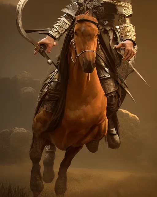 Prompt: 3 d render of a spanish conquistador in battle riding a horse, by daniel zrom, facial features, handsome, cinematic lighting, sharp focus, clear face, jungle, cgsociety, octane, subsurface scattering, cinematic lighting
