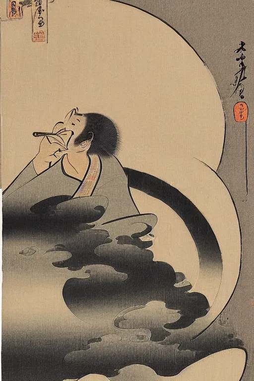 Image similar to a man gazing into the moon seeing far into the future, edo period, traditional japanese art style, reflection