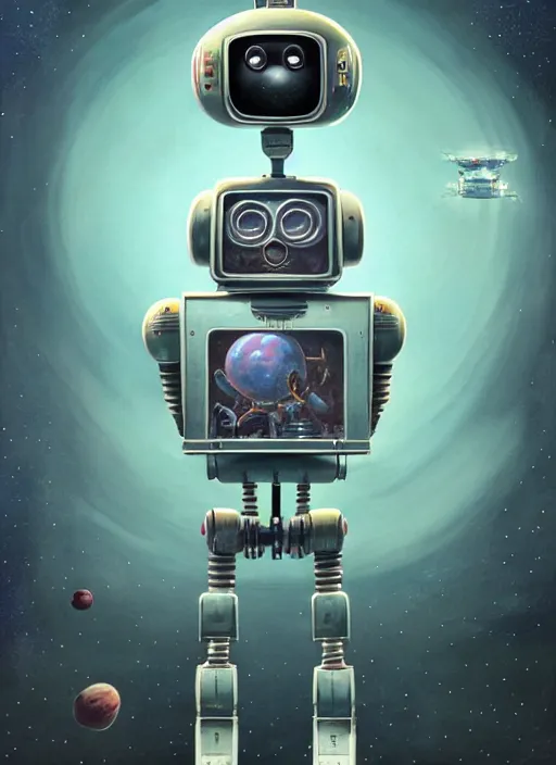 Image similar to highly detailed wide - angle, portrait of a retro robot deep space explorer, unreal engine, nicoletta ceccoli, mark ryden, earl norem, lostfish, global illumination, detailed and intricate environment