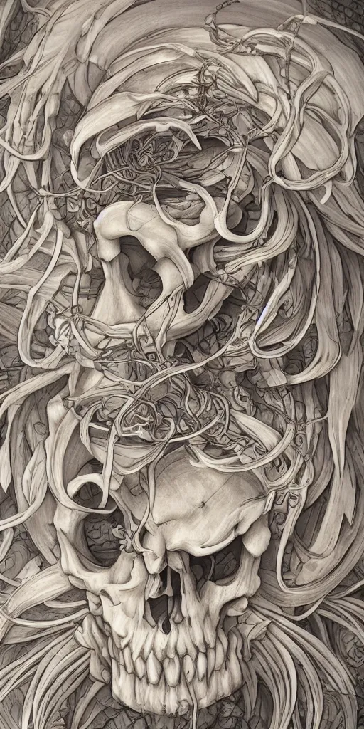 Prompt: 3 d classical japanese art close - up swirly human skull, skeleton ram skull portrait, giant gladiola betta fish, jellyfish phoenix fire energy flow, highly detailed. by wlop, hanna jaeun, jana heidersdorf, natalia evelyn bencicova