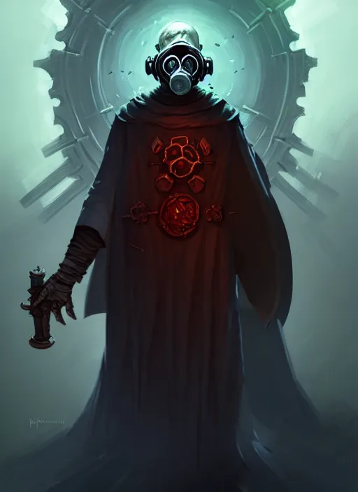 Prompt: concept art illustration of the old necromancer, wearing a wizard cloak, gas mask, in the style of angelarium, hyper detailed, intricate, complex, 8 k, crisp,