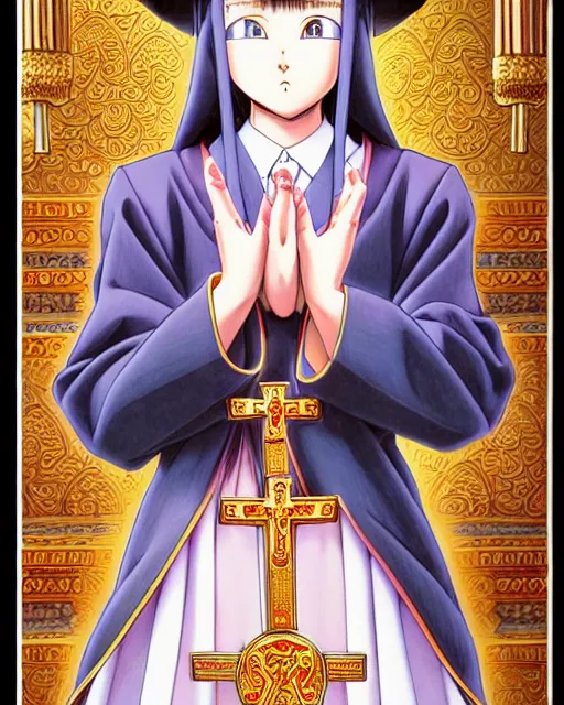 Image similar to a richly detailed color  illustration depicting a pretty teenage woman as a pastor in an Orthodox church, 3D shadowing effect, ultra ornate detail. masterfully illustrated by Akira Toriyama and Mina Petrovic and Range Murata.