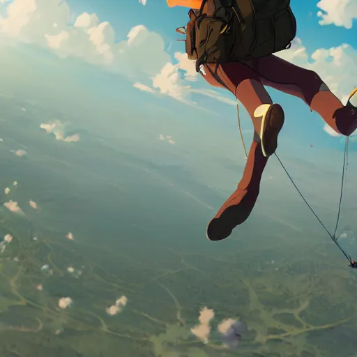 Prompt: a girl parachuting from the sky, perspective piece, anime scene by Makoto Shinkai, concept art, 4k