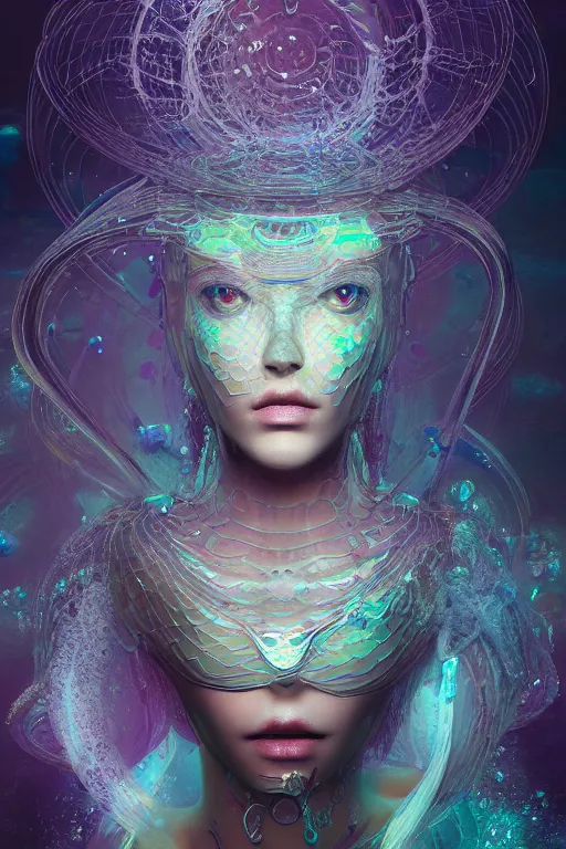 Prompt: a render of an ancient futuristic ethereal mermaid with digital modifications surrounded by a underwater ink pour and flowing liquid gallium and complex sacred geometry, powerful, cinematic, beautifully lit, perfect face, by beeple, by artgerm, by karol bak, by brian froud, 3 d, trending on cgsociety, octane render, 8 k