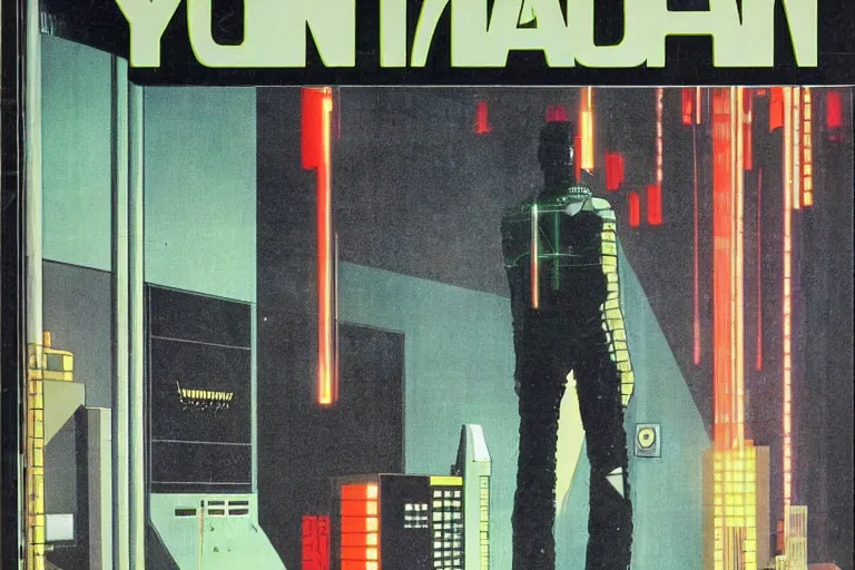 Prompt: 1979 OMNI Magazine Cover depicting a creepy cyber man standing in a large corner office. Cyberpunk Akira style by Vincent Di Fate