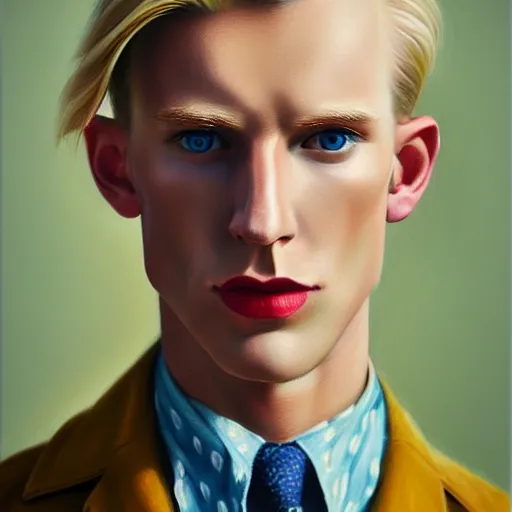 Image similar to A color pencil drawing portrait of a blond young Irish man with high cheekbones. Good bone structure. Dressed in 1940s style. Highly detailed, fine Art, high detail, great lighting, 8k resolution, masterpiece, concept art, illustration, clear eyes, painting oil on canvas, octane render, HDR, trending on artstation, 4k, 8k, HD