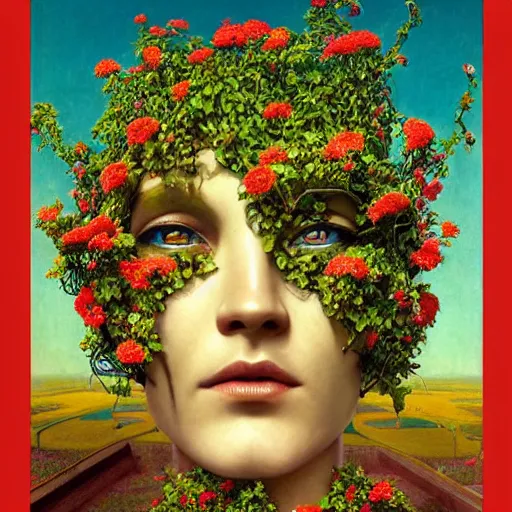 Prompt: A colorful, detailed print - A portrait of a robot with the top of its head composed of flowers and vines. by Arnold Bocklin and Barclay Shaw, masterful print. 4k, unreal engine stunning Art Nouveau
