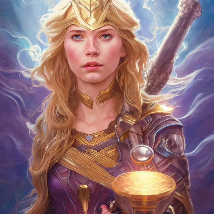 Image similar to beautiful female thor with sparkling eyes, summoning stormbreaker, highly detailed, gold filigree, fantasy, soft cinematic lighting, award, disney concept art, watercolor illustration by mandy jurgens and alphonse mucha and alena aenami, pastel color palette, featured on artstation
