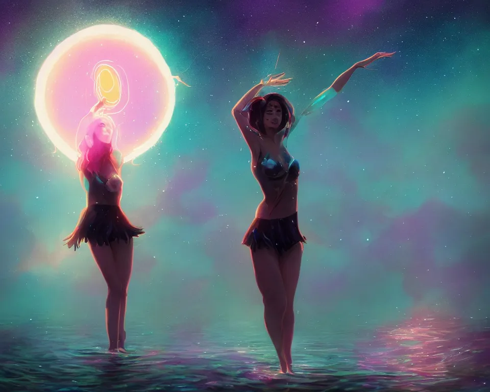 Image similar to beautiful fantastical girl standing in a lake basking in the moonlight, casting a spell, under a multi-colored binary blackhole with an accretion disc, glowing trails following her arms, wearing professional makeup, synthwave, by Lois van Baarle, by Greg Rutkowski, by artgerm, by beeple, by studio ghibli, cinematic angle, volumetric lighting, 4k resolution, octane render, trending on artstation, masterpiece