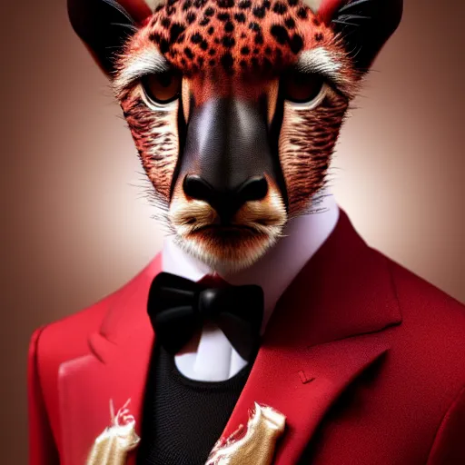 Image similar to a studio photograph of a red cheetah wearing a tuxedo suit,professional photography,studio lighting,studio photo,professional lighting,3 point lighting,dramatic,4k,detailed face,hyperdetailed,photorealistic,digital art,ultra realistic,ultra detailed,art by greg rutkowski