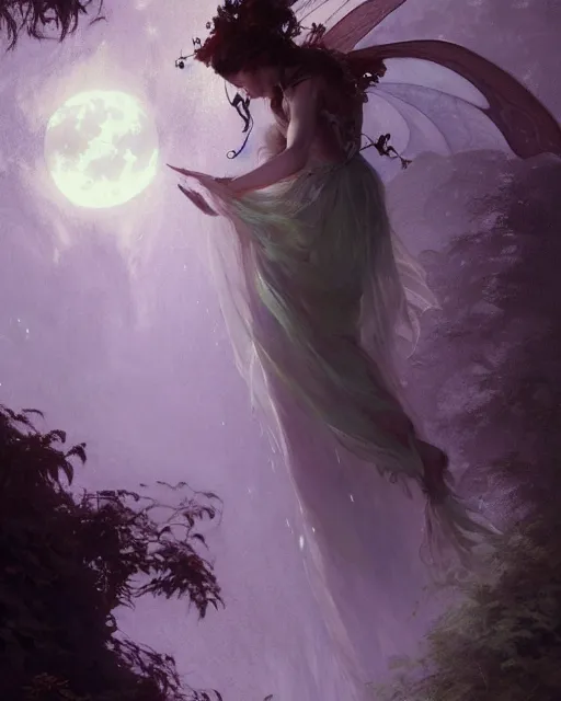 Image similar to a portrait of beautiful fairy goddness fly high in the night, d & d, fantasy, mist, full moon in background, trees, hyper detailed,, midium shot, an oil painting by ruan jia, trending on artstation, concept art, sharp focus, illustration, gaston bussiere, craig mullins, j. c. leyendecker, beautiful lighting