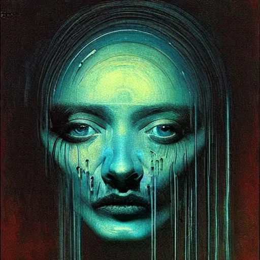 Prompt: The artificial intelligence recognizes its soul in the mirror - contest-winning artwork by Salvador Dali, Beksiński, Van Gogh, Giger, and Monet. Stunning lighting