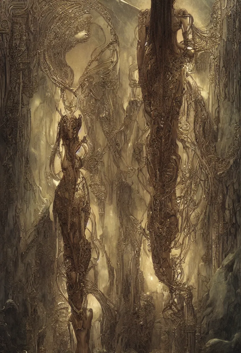 Image similar to the goddess isis, by daniel - by greg rutkowski and raymond swanland hr giger and zdzislaw beksinski and alphonse mucha and moebius, matte painting, hyperdetailed, symmetry, art nouveau, beautiful render, concept art