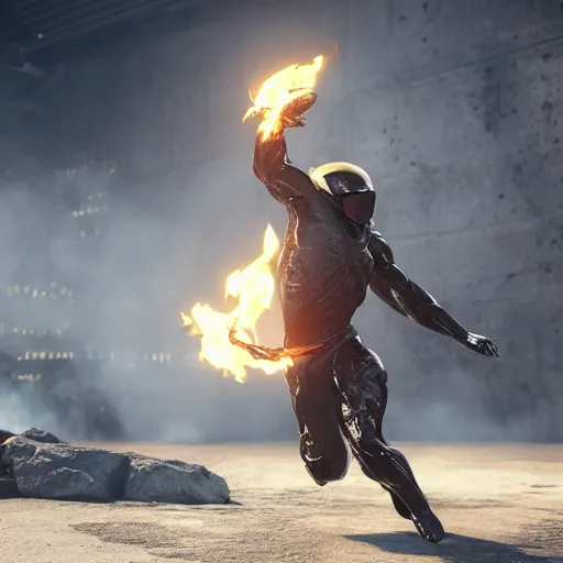 Image similar to prometheus midair with the stolen fire in one hand the other hand streched to prevent a collission. concept art octane render hyperrealistic unreal engine