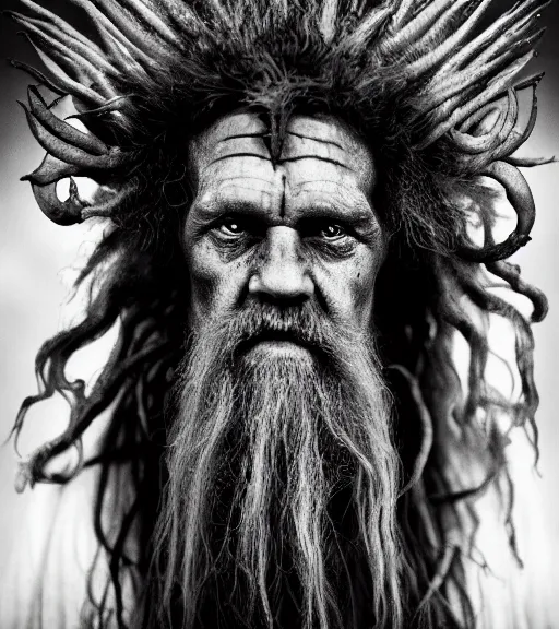 Prompt: Award winning Editorial photograph of Early-medieval Scandinavian Folk monsters with incredible hair and terrifying hyper-detailed eyes by Lee Jeffries, 85mm ND 4, perfect lighting, wearing traditional garb, With Walrus Tusks and sharp horns, gelatin silver process