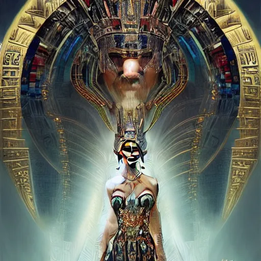 Image similar to HDR portrait photography of The Benevolent Cyborg Queen vertically mirrored above The Evil Cyborg King, ethnic, fantasy, intricate, elegant, highly detailed, African, Egyptian, Aztec, Mayan, digital painting, artstation, HDR photo, smooth, sharp focus, illustration, art by artgerm and greg rutkowski and alphonse mucha