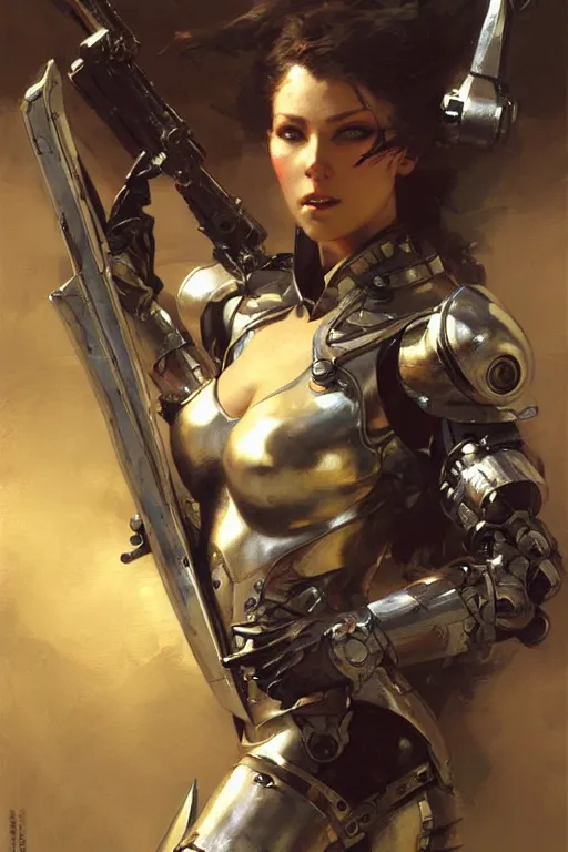 Image similar to futuristic women with medieval armor cyborg fighting dynamic poses, holding a gunsword, detail, beautifull face, no blur, painting by gaston bussiere, craig mullins, greg rutkowski, yoji shinkawa, sorayama